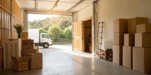 10x10 self storage unit packed with boxes.