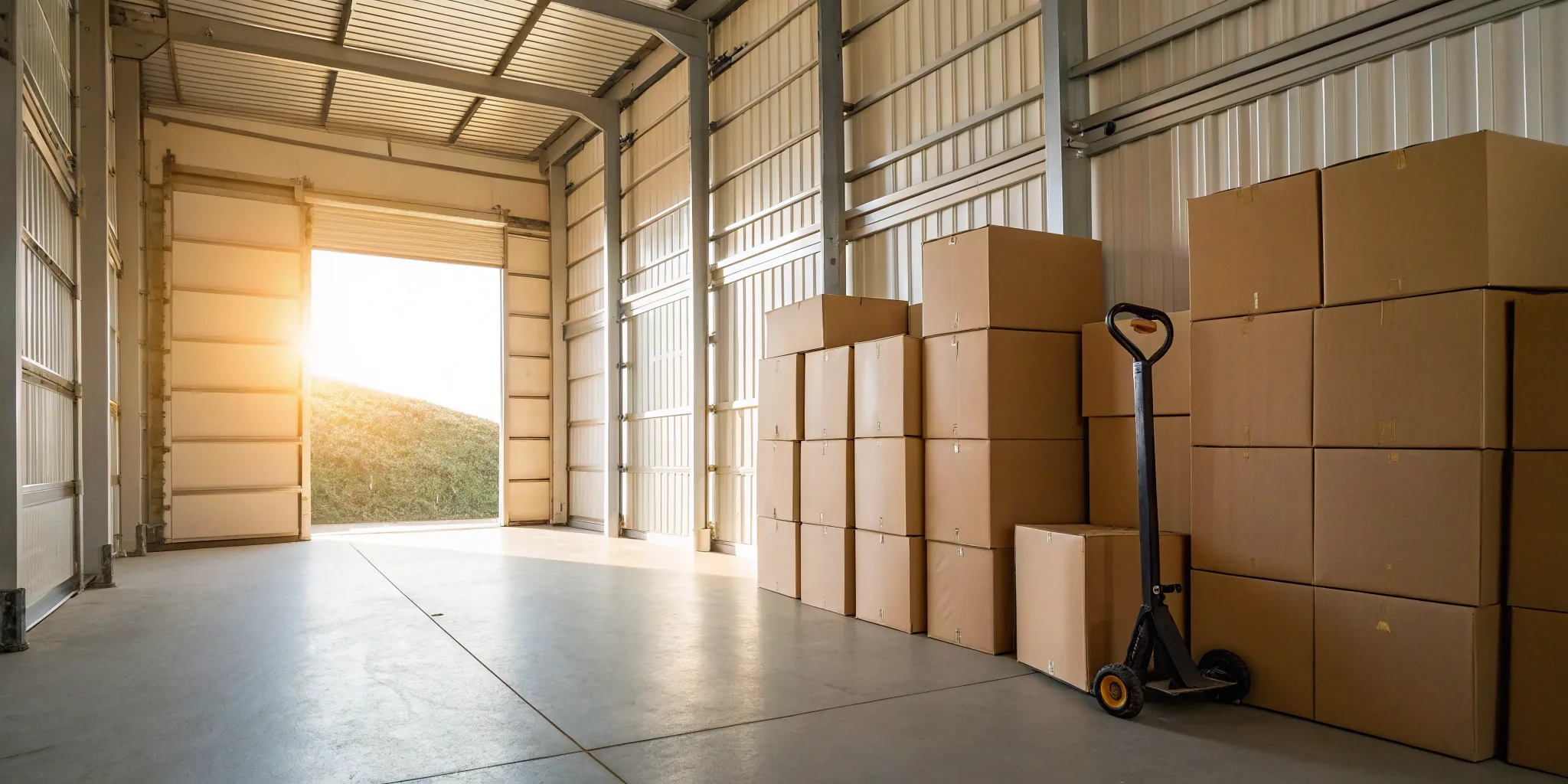Automated self-storage unit interior with stacked boxes and pallet jack.