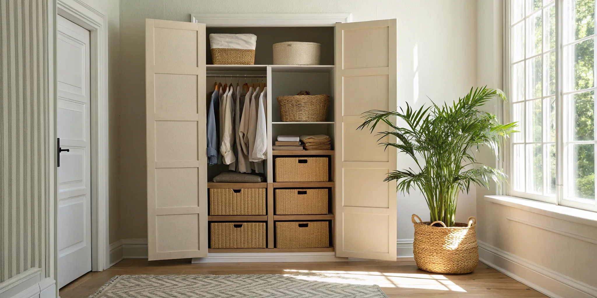 Organized storage baskets and clothes in a cheap storage unit.