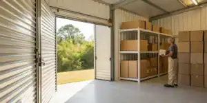 Secure self storage unit packed with organized belongings.