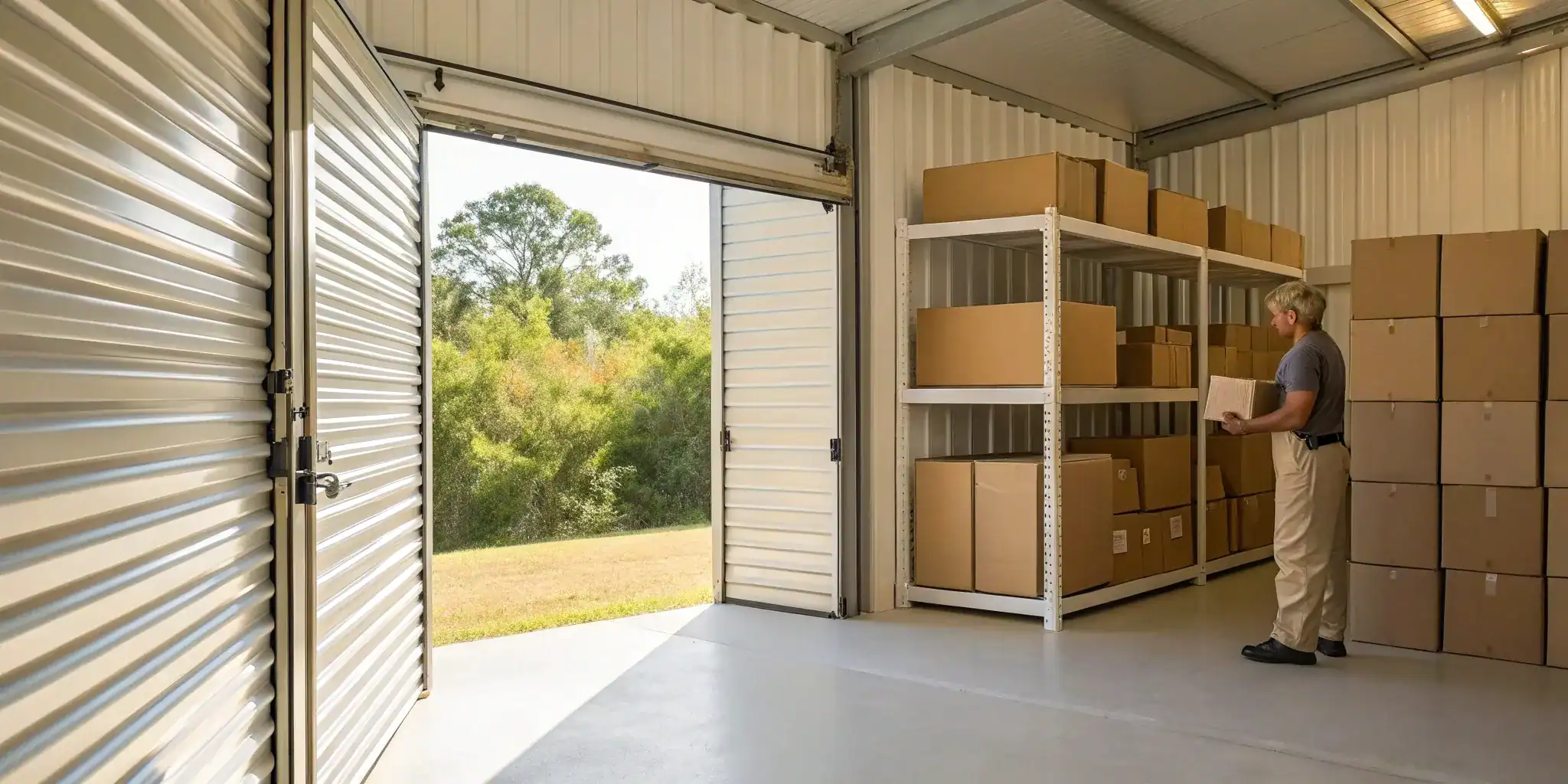 Secure self storage unit packed with organized belongings.