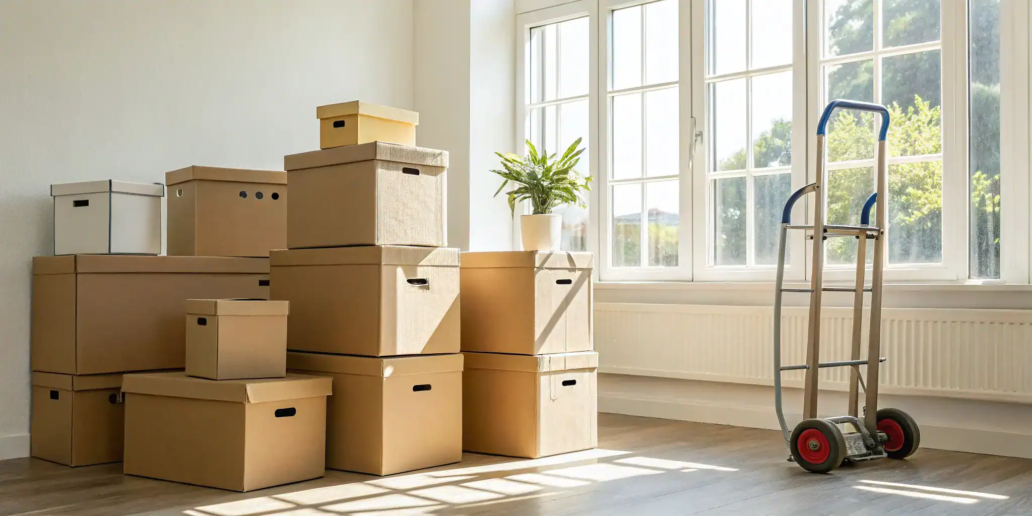 Moving boxes and dolly ready for Los Angeles self storage.