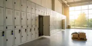 Storage lockers with open unit and packed boxes.