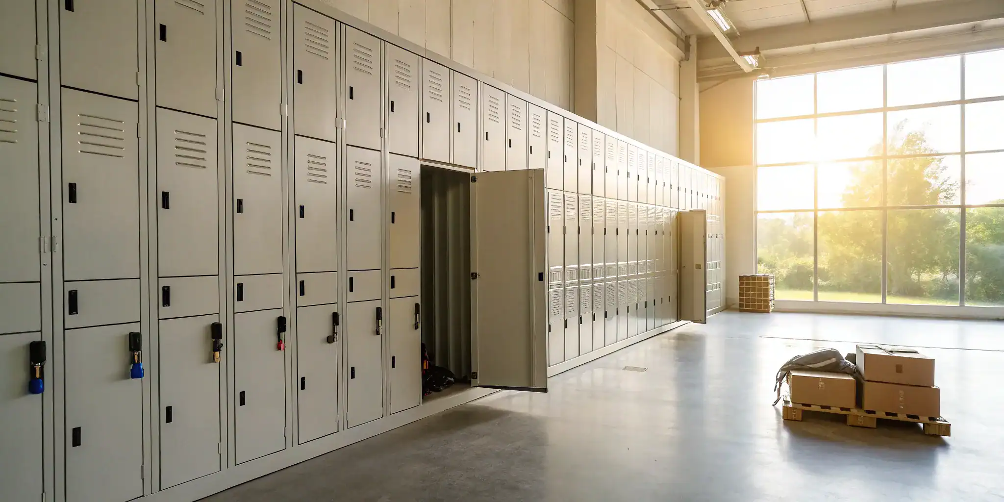 Storage lockers with open unit and packed boxes.