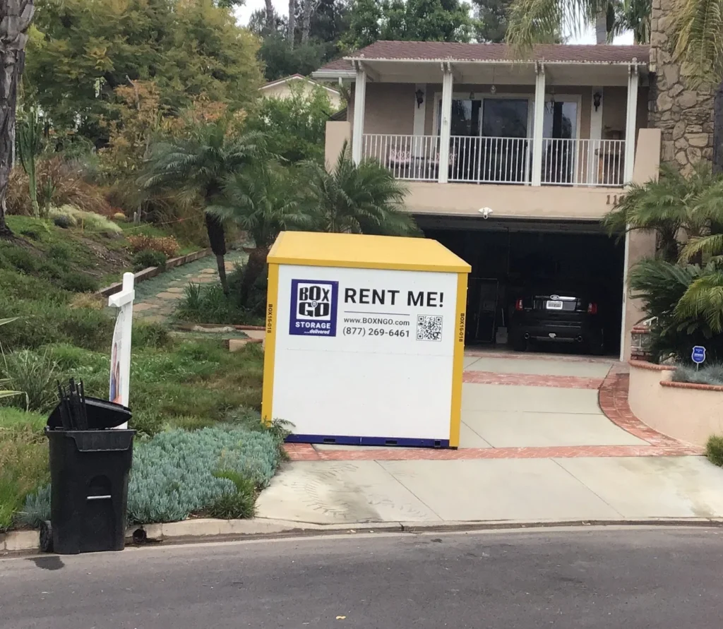 Box-n-Go portable storage unit in Bel Air driveway, ideal for self storage, mobile storage, climate-controlled storage, and secure storage in 90077 near Beverly Glen.