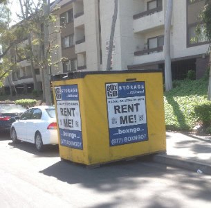 Box-N-Go portable storage unit on a street near Beverly Hills, CA, offering mobile self storage for 90016, USC students, and secure, climate-controlled options near Crenshaw, Baldwin Hills, and Adams Blvd.