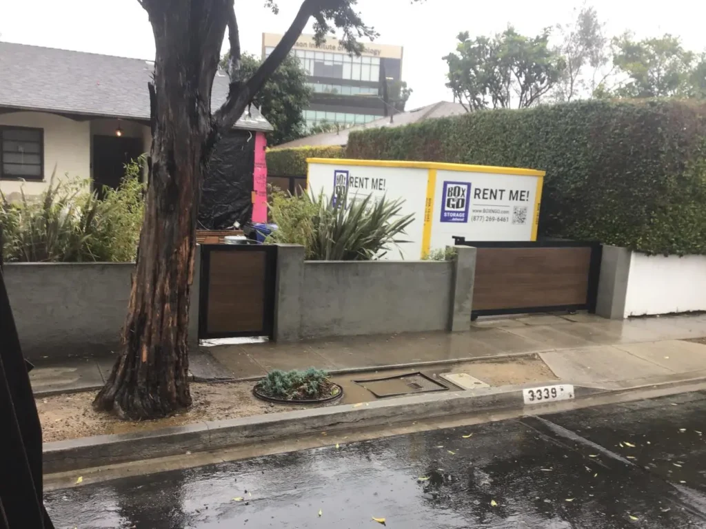 Box-n-Go self storage unit in Cheviot Hills on a rainy day, ideal for mobile storage 90064, student storage West LA, and secure storage near Palms.