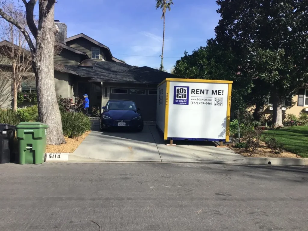 Box-n-Go storage unit in a Culver City driveway, ideal for self storage Culver City, mobile storage 90230, student storage West LA College, and affordable storage near Culver Steps