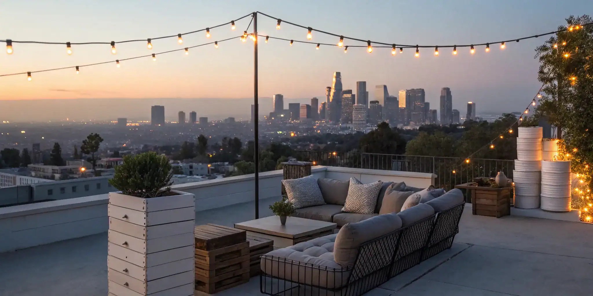 LA skyline rooftop with string lights.