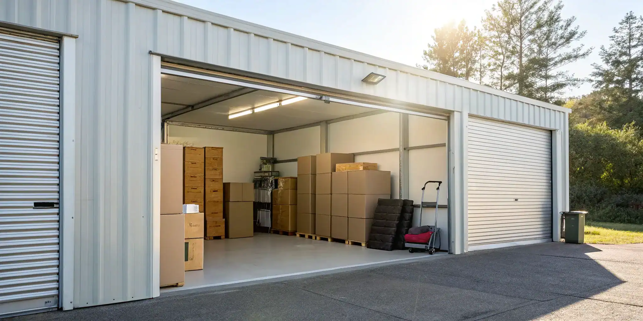 Orange County storage unit with boxes and crates.
