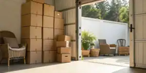 Locked self storage unit with boxes inside. Cheap self storage near me.