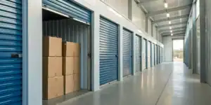 Self storage containers with various sizes and prices.