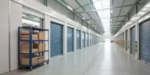 Self storage units with blue doors for business needs.
