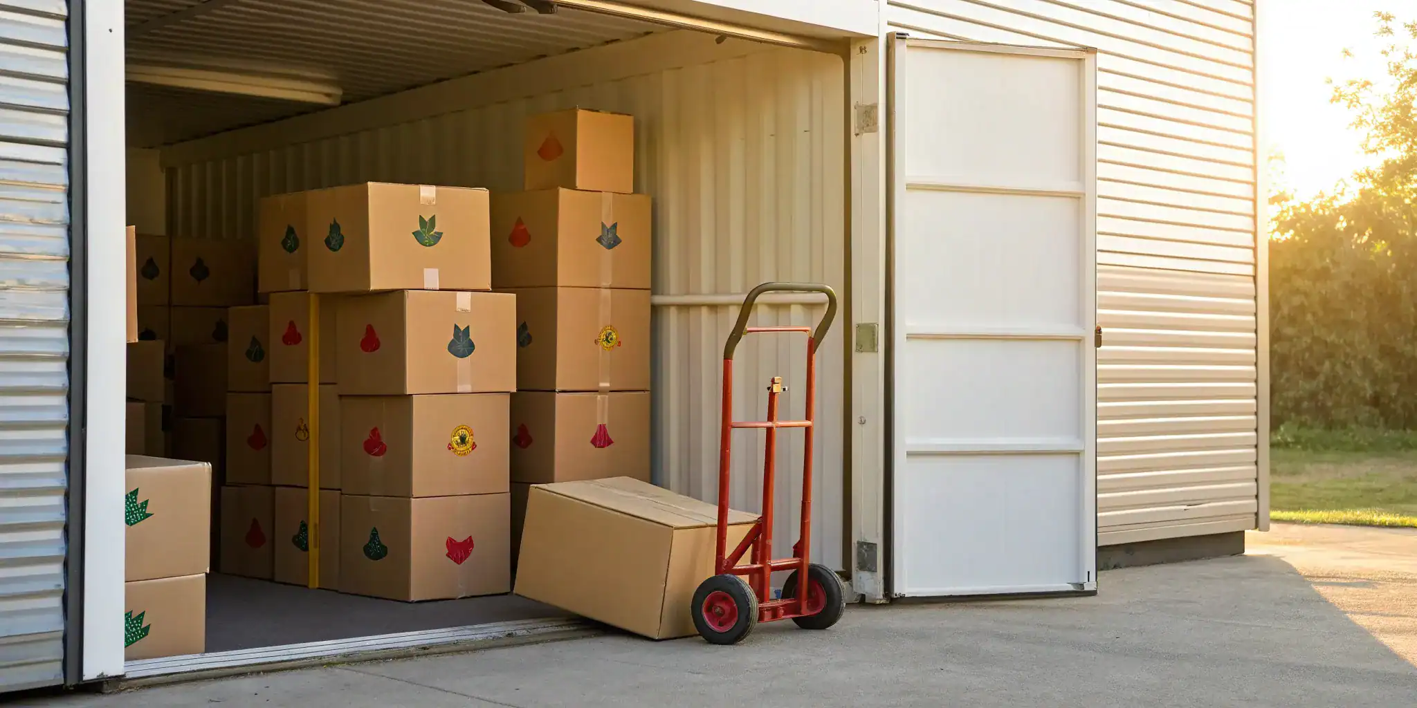 Pasadena self storage unit with boxes and hand truck.