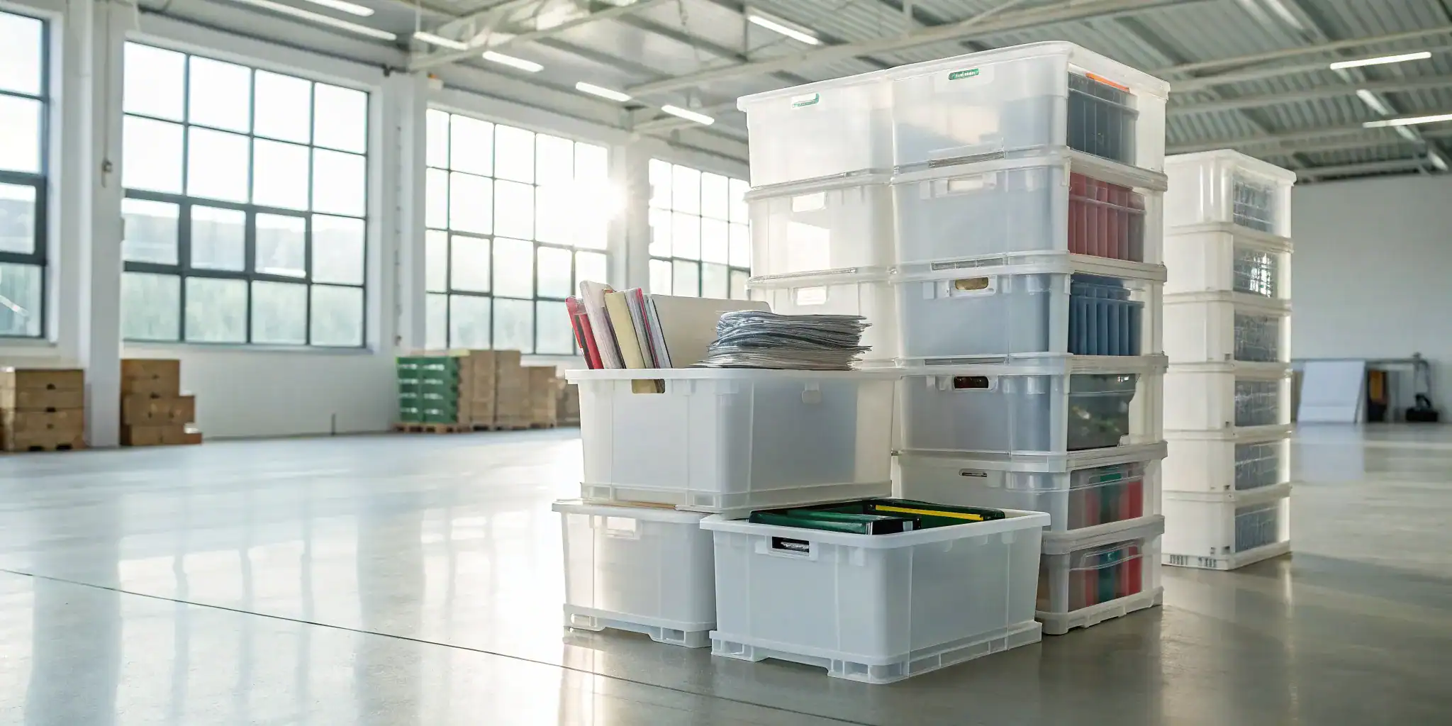 Organized business storage bins in a warehouse.