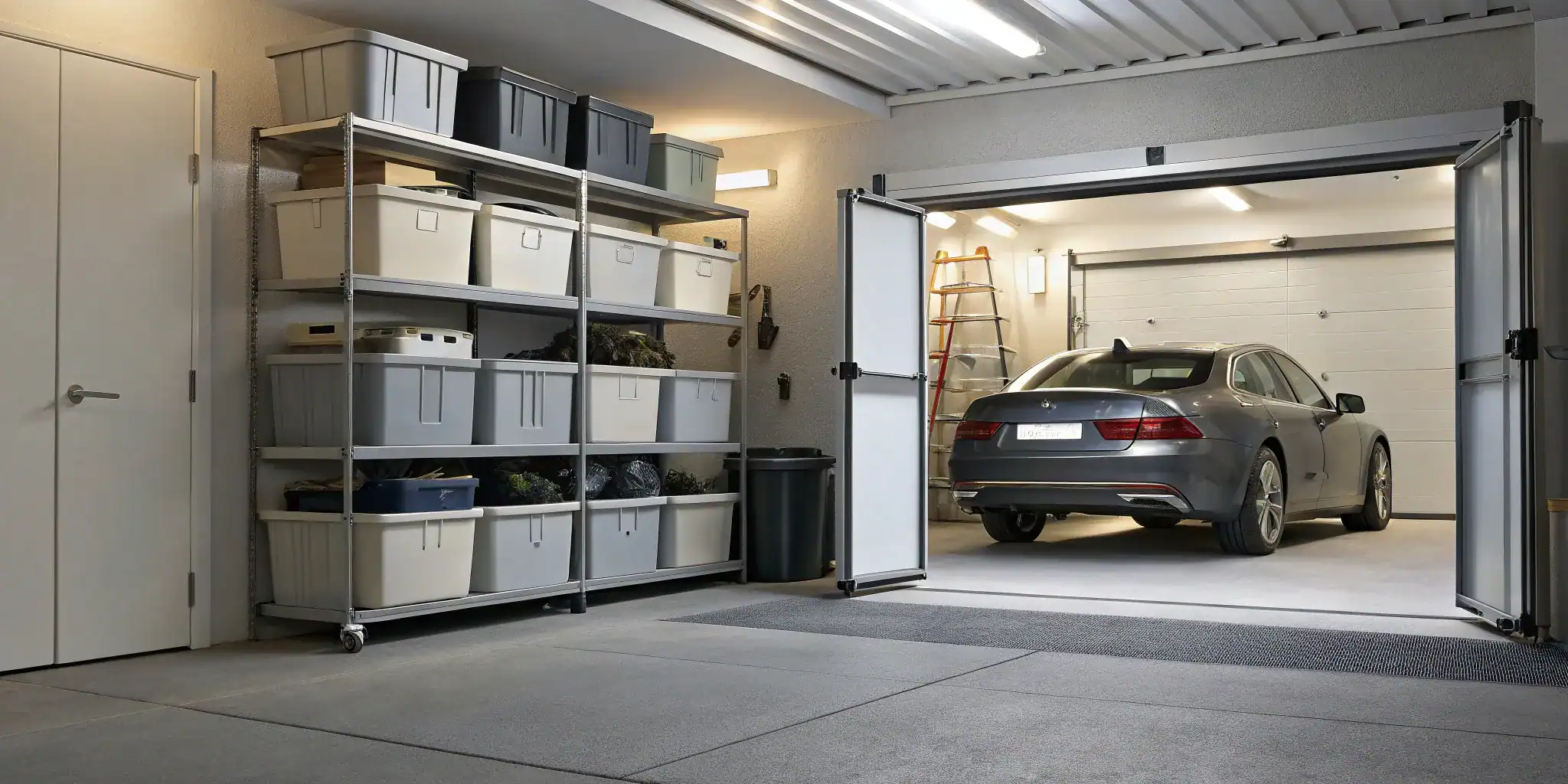 Car in self-storage unit with organized bins.