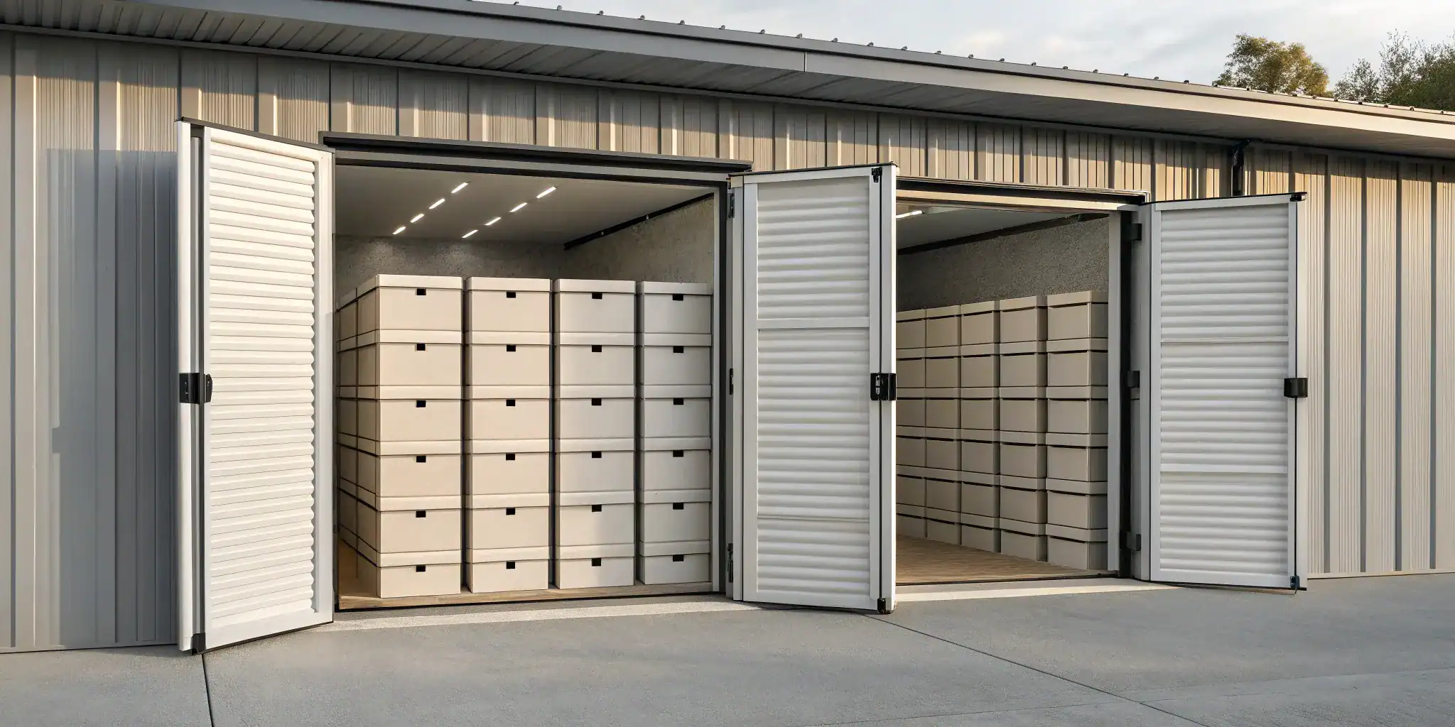 Organized storage boxes in a business storage unit.