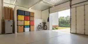 Personal self storage unit with labeled bins and bike.