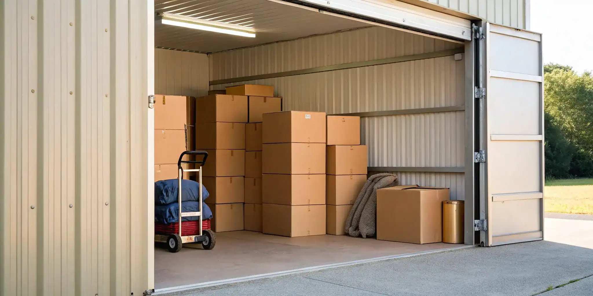 Affordable self storage unit with boxes and dolly.