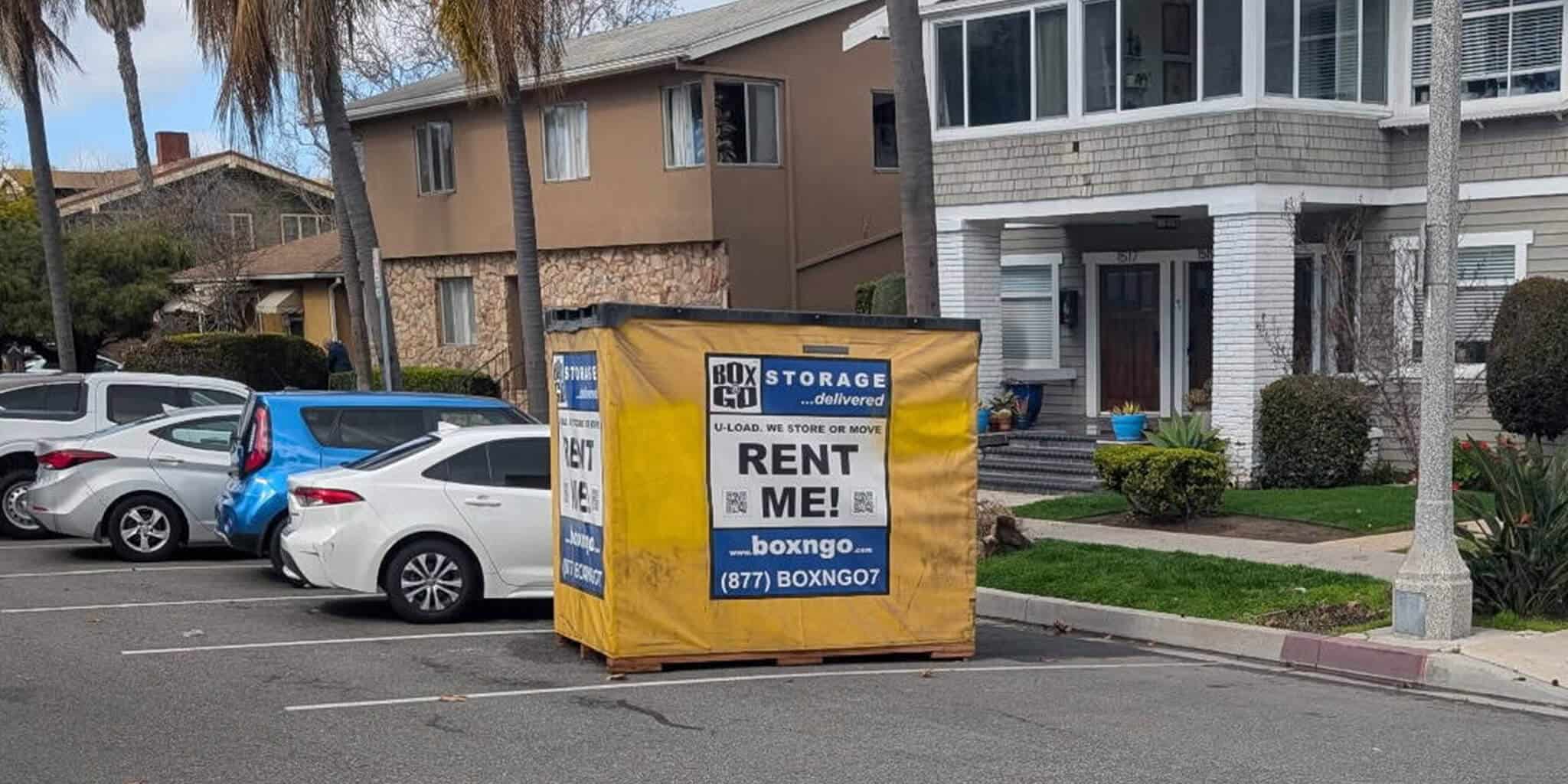 A yellow Box-n-Go storage container placed on a residential street in Pico Robertson, Los Angeles