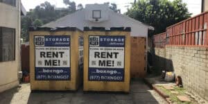 Two Box-n-Go storage containers in an alley in Sawtelle
