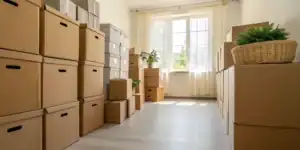 Business storage facility with organized stacked boxes.