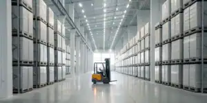 Warehouse forklift handling stacked pallets for business storage.