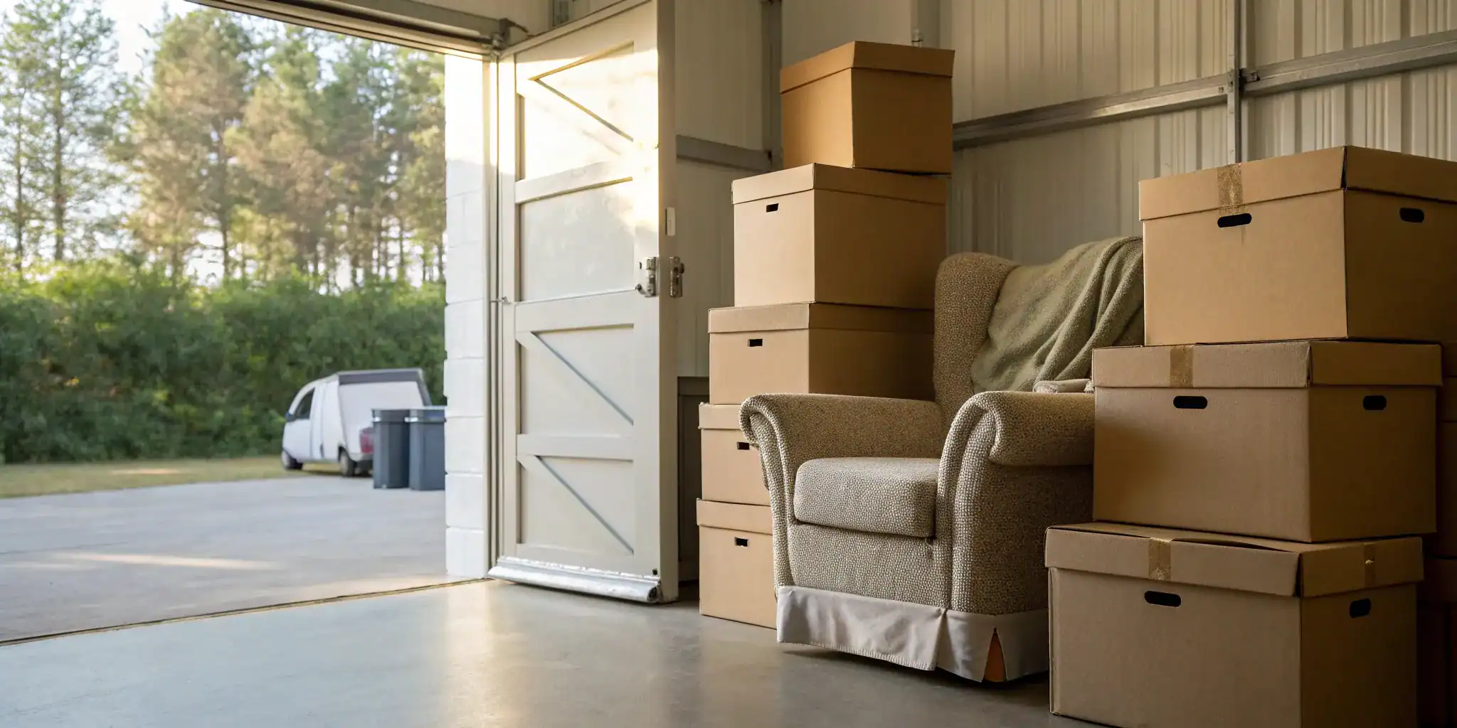 Affordable self storage unit packed with furniture and boxes.