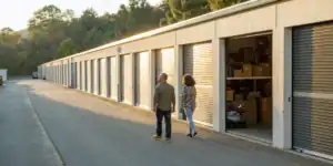 Storage auction bidders inspecting units.