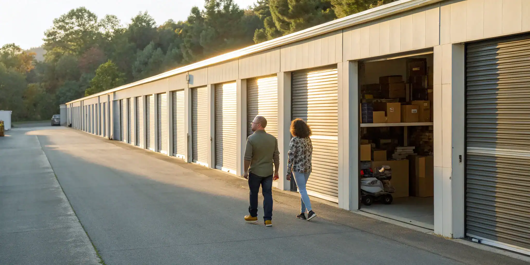 Storage auction bidders inspecting units.
