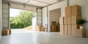 Secure Whittier self storage unit with furniture and boxes.