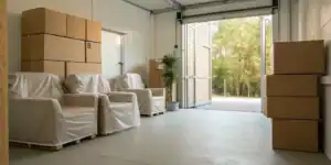 Secure self storage unit packed with boxes and furniture.