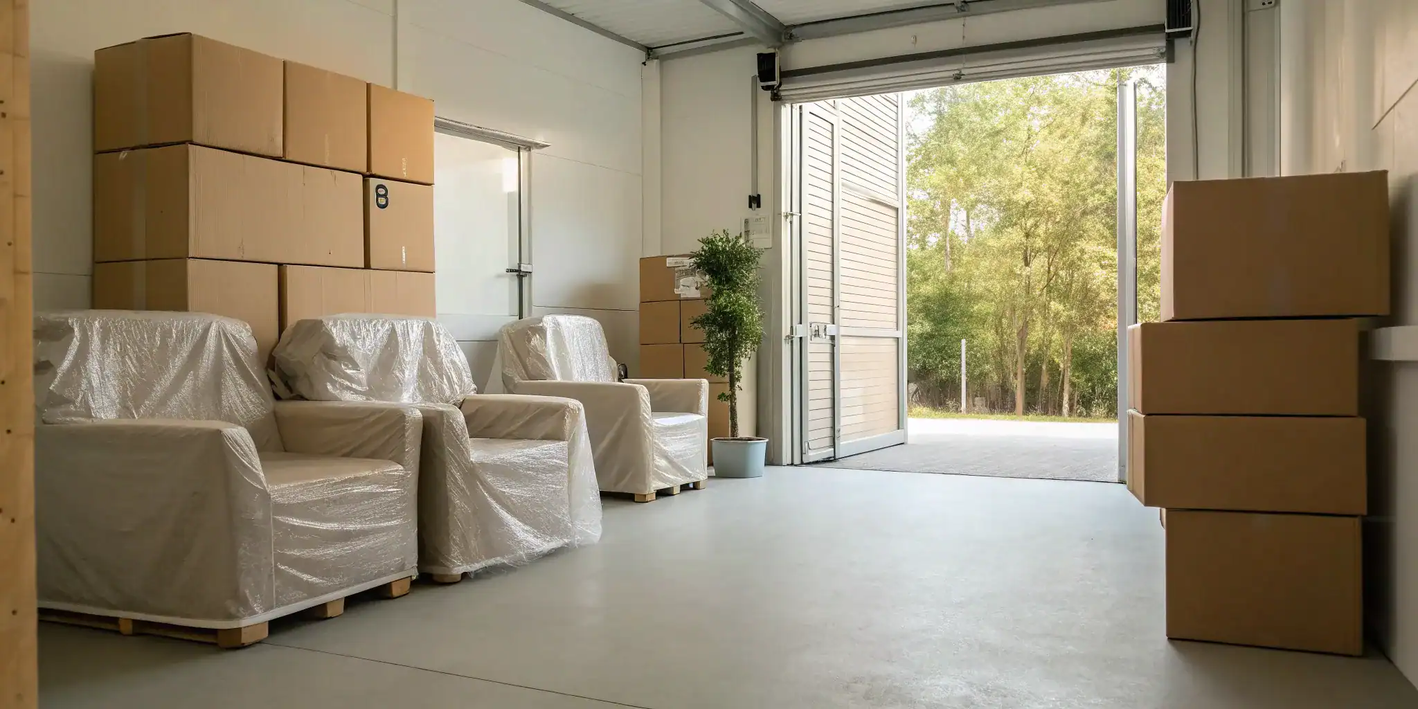 Secure self storage unit packed with boxes and furniture.