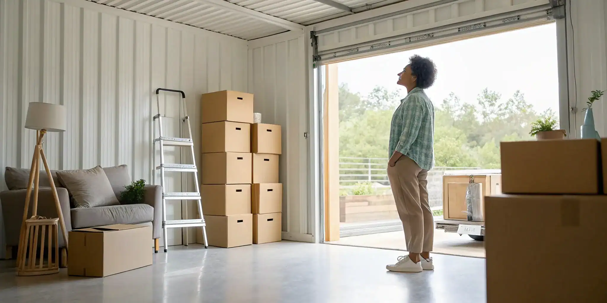 Indoor self storage unit with furniture, boxes, and ladder.