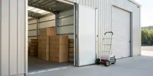24/7 self storage unit with boxes and dolly.