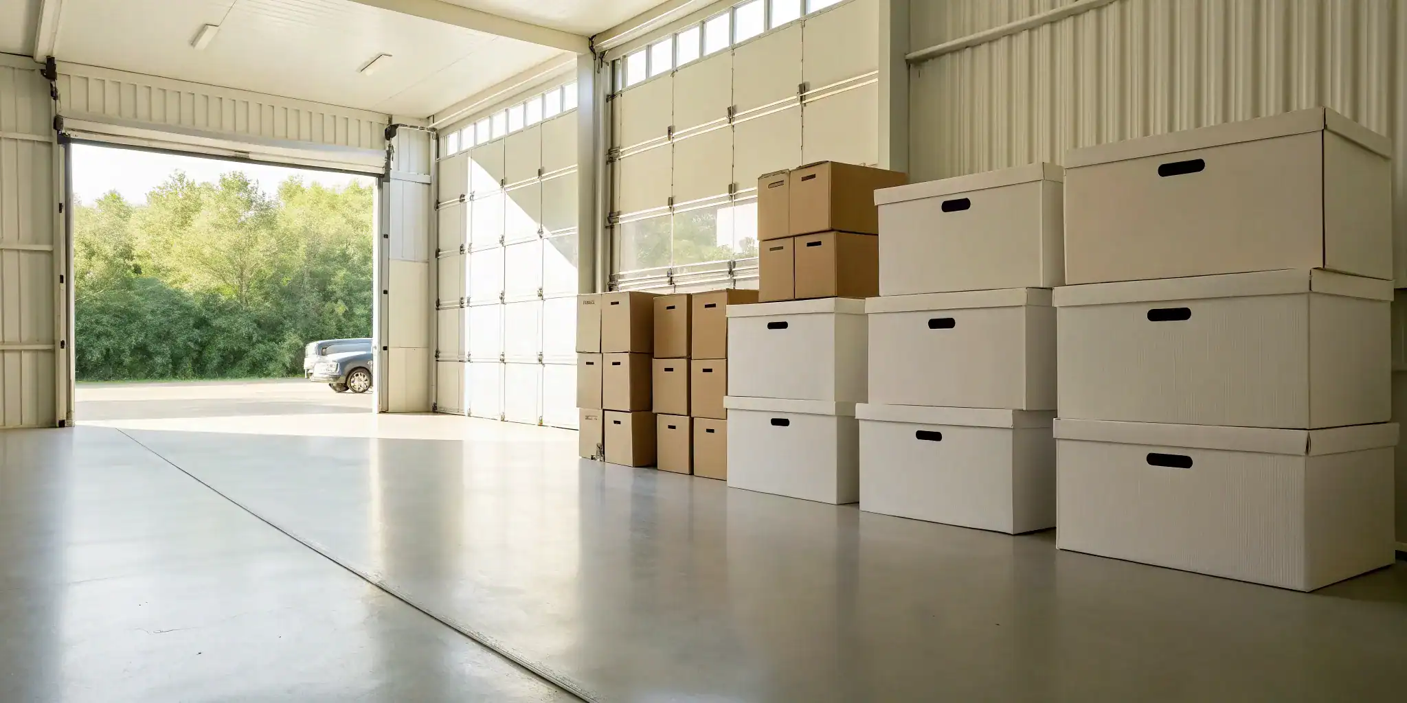 Self storage boxes stacked high.