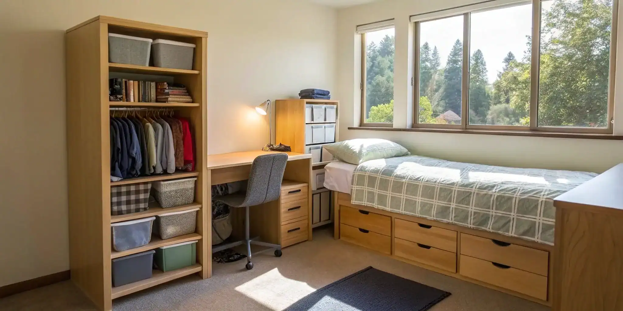 Student's dorm room with storage solutions including drawers, desk, and shelves.