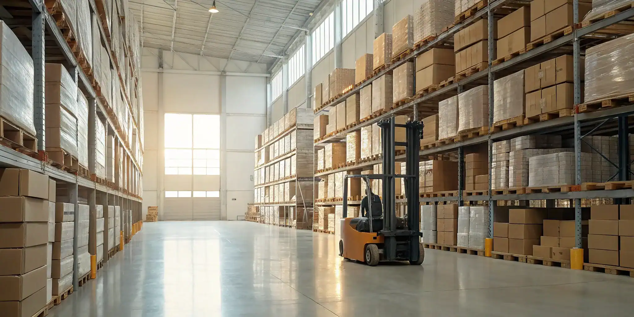 Business storage warehouse solutions with boxes and forklift.