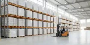 Warehouse forklift handling palletized goods.