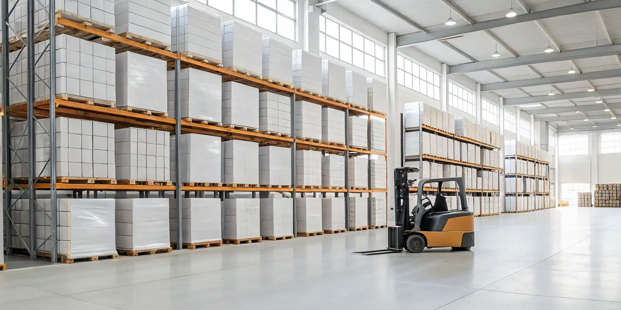 Warehouse forklift handling palletized goods.