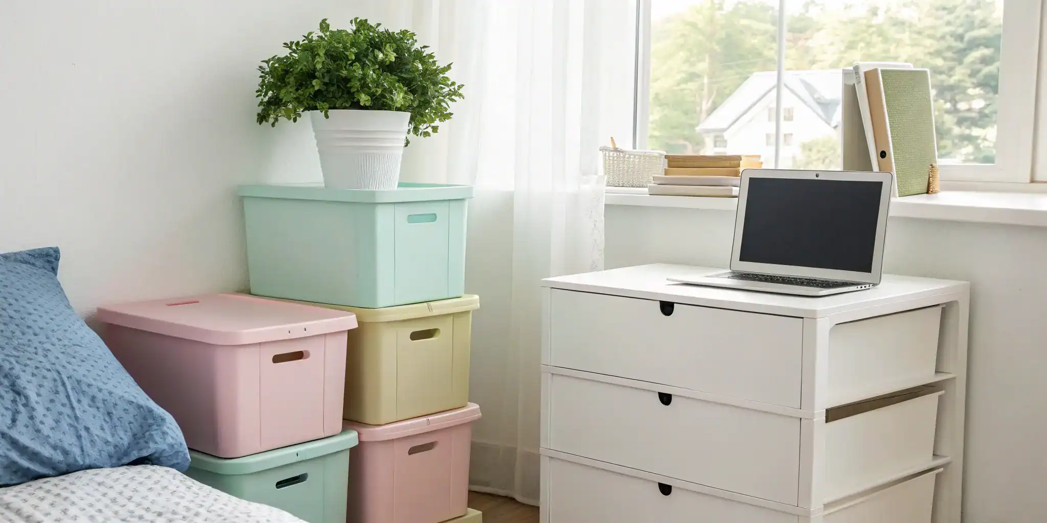 Affordable student storage bins for dorm room organization.