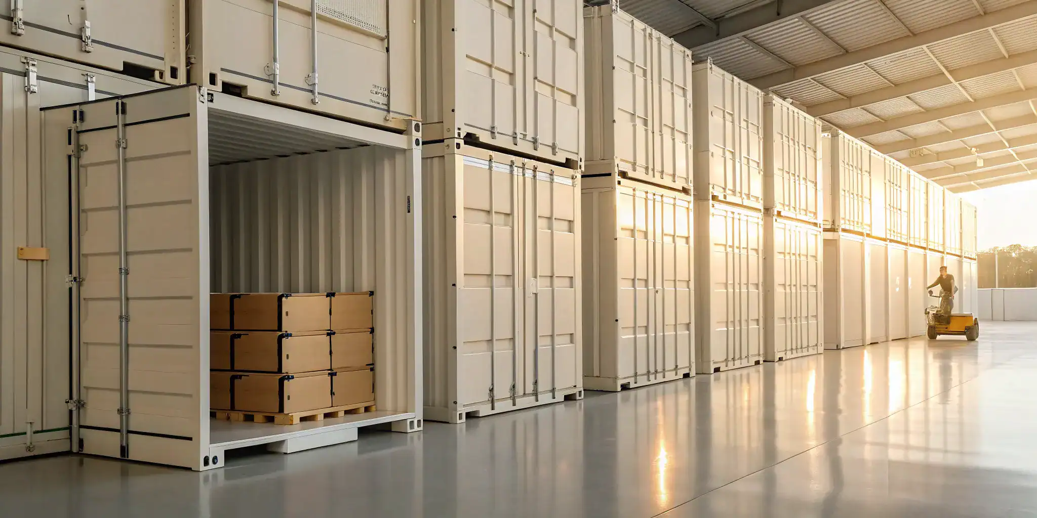 Secure business storage facility with organized inventory and loading equipment.