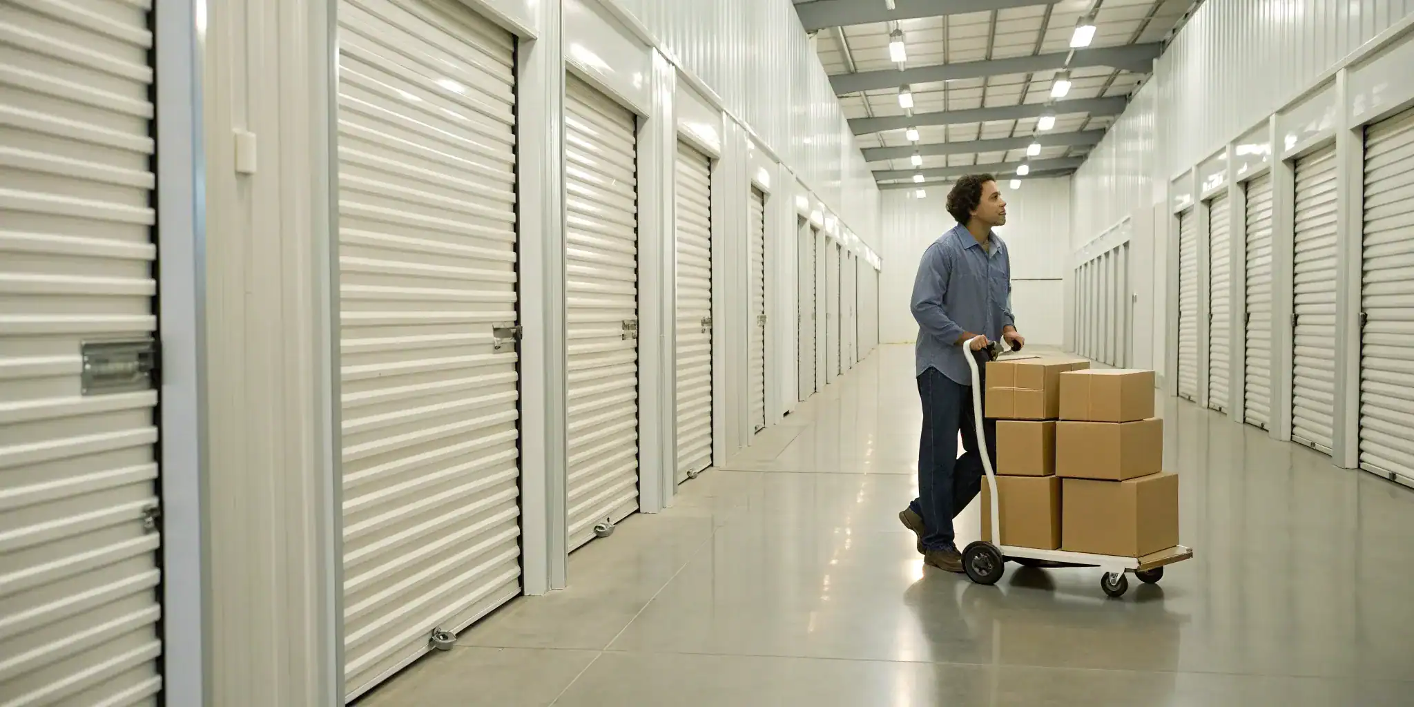 Business storage facility hallway with rolling cart of boxes.