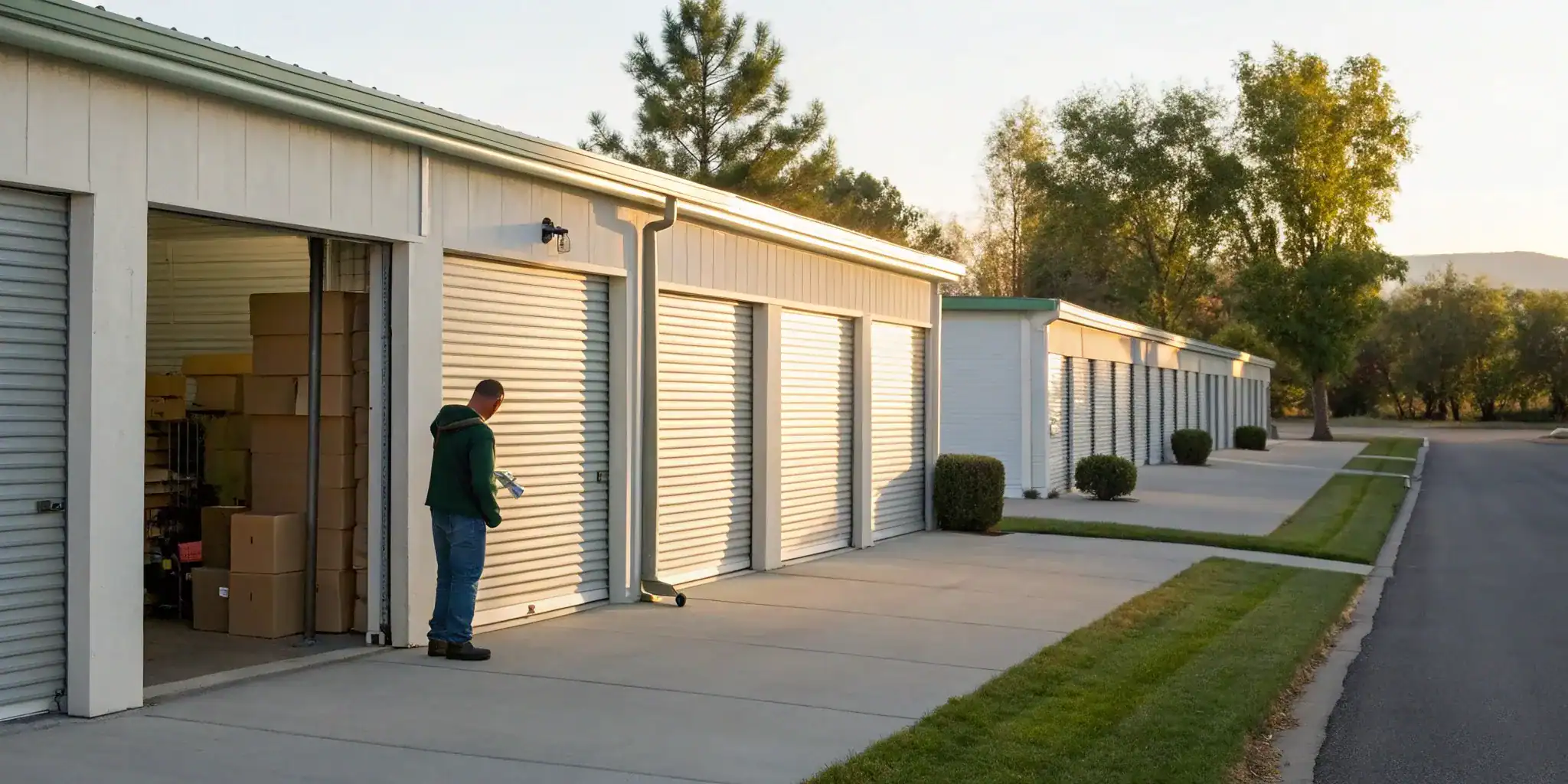 Secure self storage buildings with drive-up access.