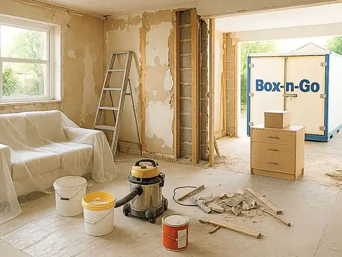 Box-n-Go portable storage unit outside a home undergoing renovation, with furniture and tools stored safely during remodel.