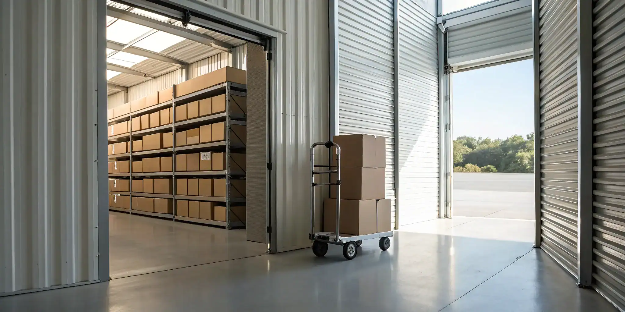 Self storage units with moving cart.