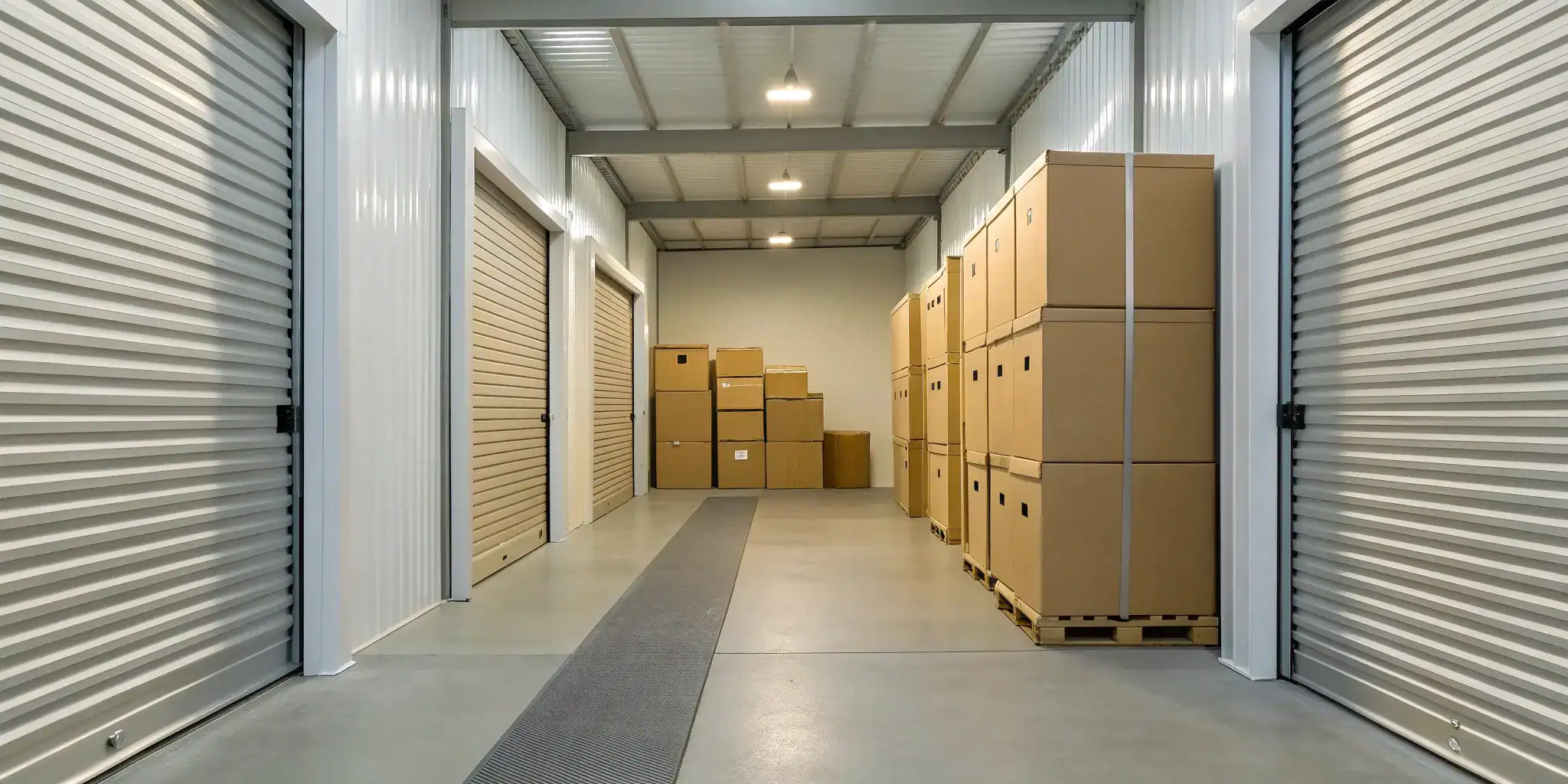 Secure small business self storage units with stacked boxes.