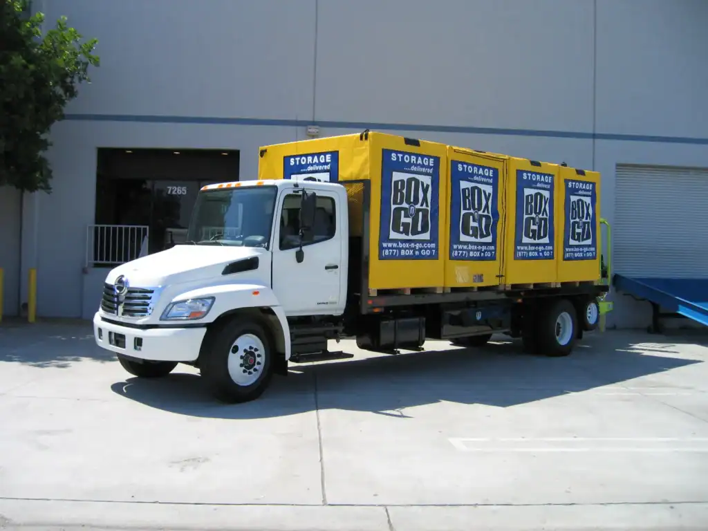 Storage unit delivered outside a high-rise apartment near Wilshire Blvd in Park La Brea, Los Angeles.