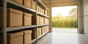 Temperature-controlled self storage unit with boxes and metal shelves.