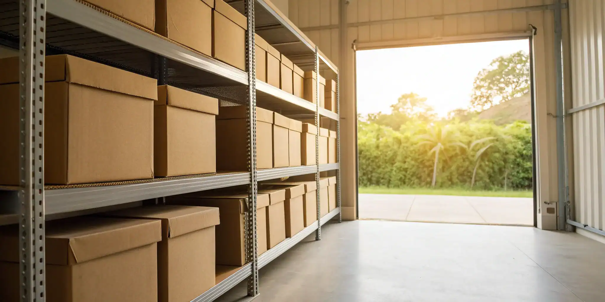 Temperature-controlled self storage unit with boxes and metal shelves.